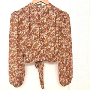 Nordstrom Lush Blouse Small Brown Floral Abstract Animal Print Open Back Paris